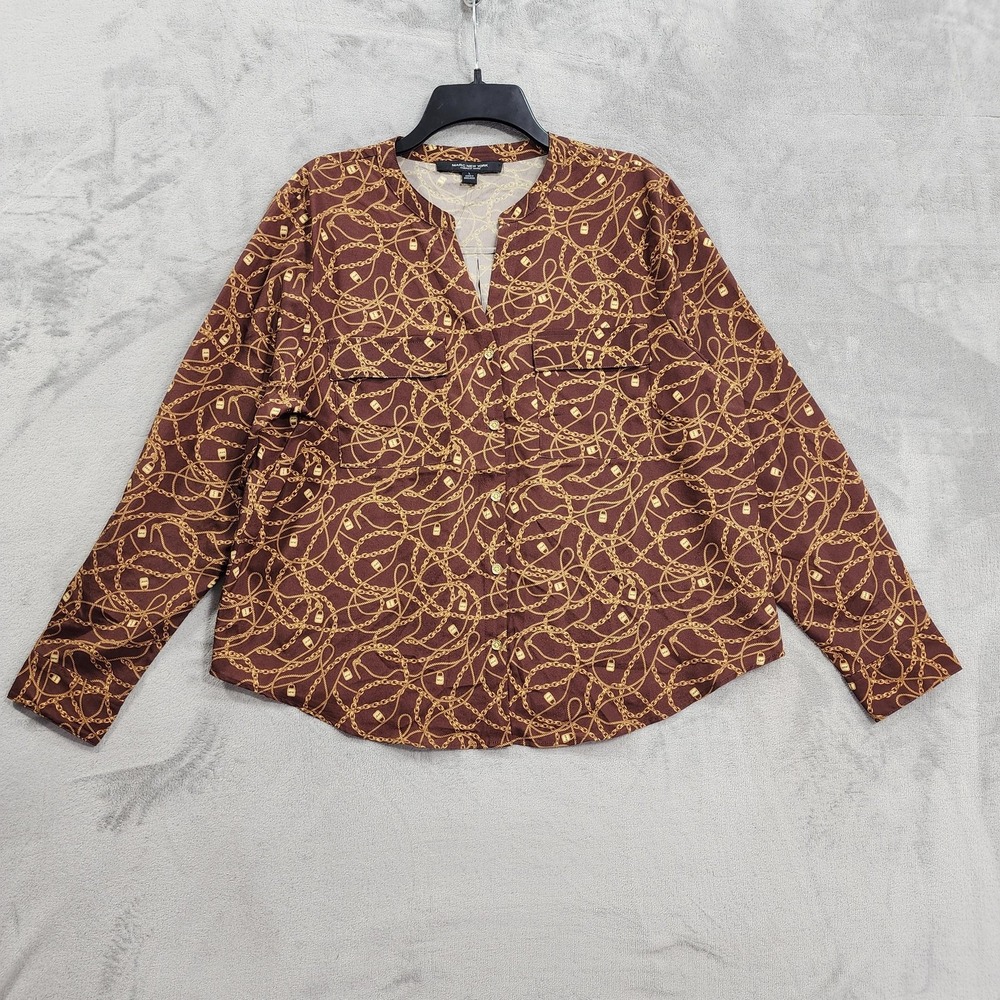 NEW Marc New York Top Womens L Brown Gold Chain Print V-Neck Button Long Sleeve